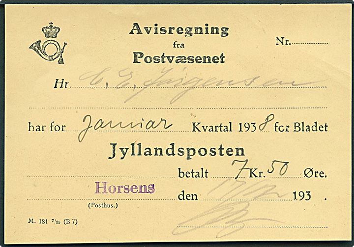 Avisregning formular M. 181 7/35 (B7) fra Horsens d. 12.2.1938.