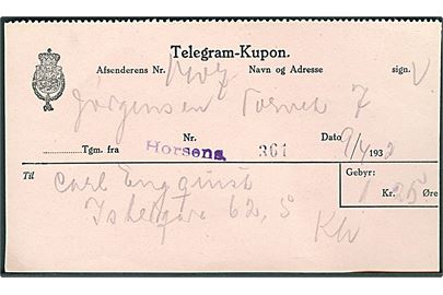 Telegram-Kupon fra Horsens d. 9.4.1932 for afsendelse af telegram til København.