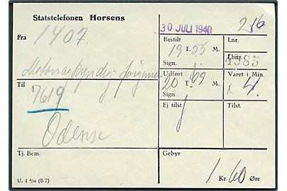 Statstelefonen Horsens formular U. 1 9/36 (B7) for samtale d. 30.7.1940 til Odense.