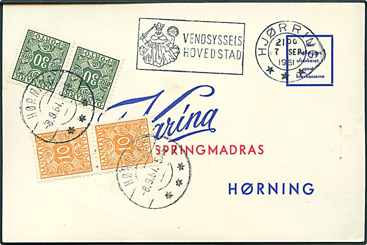 Ufrankeret svarbrevkort fra Hjørring d. 7.9.1961 til Hørning. Påsat 10 øre (2) og 30 øre (2) Portomærke stemplet Hørning d. 8.9.1961. (Summarisk portoregning).