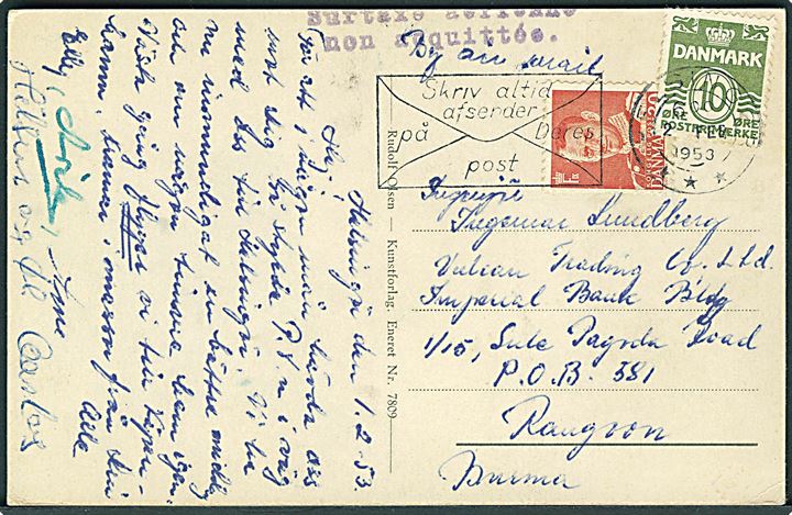10 øre Bølgelinie og 30 øre Fr. IX på underfrankeret luftpost brevkort fra Helsingør d. 2.2.1953 til Rangoon, Burma. Fransk sproget stempel Surtaxe aerierne non acquittée. Interessant destination.