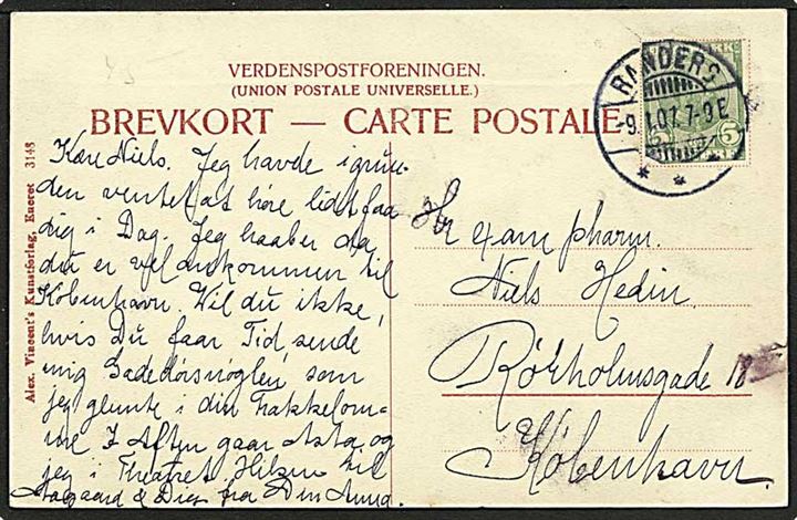 5 øre grøn Chr. IX på postkort fra Randers d. 9.1.1907 til København. Motiv fra Ringkøbing Fjord. A. Vincent no. 3148.