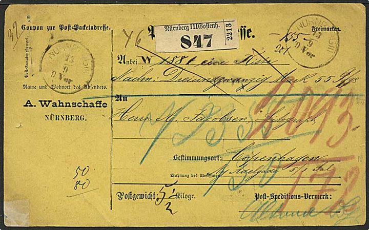 Tysk adressekort fra Nürnberg d. 13.9.1876 til København. Collier oplagt paa Kjøbenhavn Toldbod og Kjøbenhavn O.P.E. blåt antikva III stempel. 