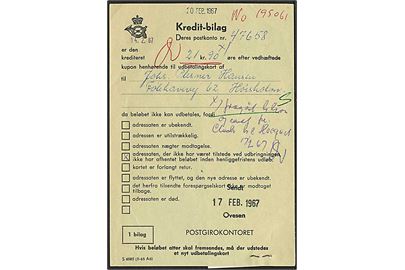 Kredit-bilag fra Hørsholm d. 17.2.1967 med vedhæftet kupon fra Postgirokontoret.