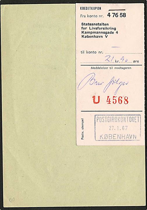 Kredit-bilag fra Hørsholm d. 17.2.1967 med vedhæftet kupon fra Postgirokontoret.