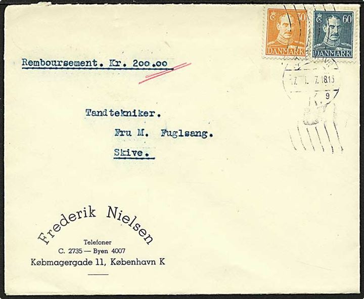30 øre og 60 øre Chr. X på brev med opkrævning annulleret med håndrullestempel København K. d. 17.1.1947 til Skive.