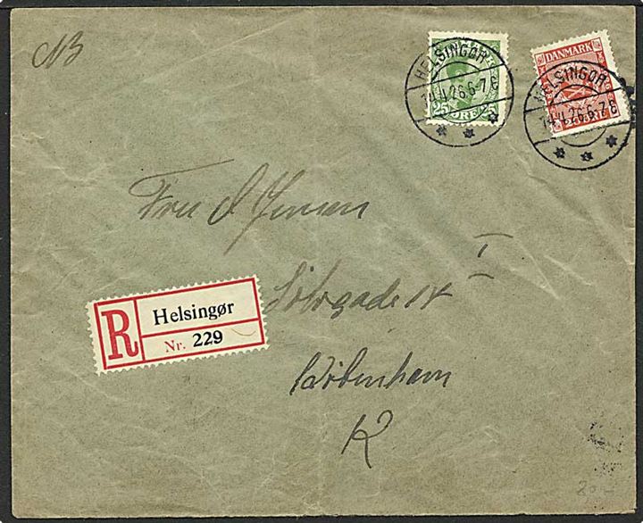 25 øre Chr. X og 20 øre Frimærke 75 år på anbefalet brev fra Helsingør d. 14.4.1926 til København.