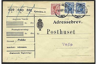 50 øre og 20 øre Chr. X i par, ene med variant: Fortykkelsen retucheret, på adresse brev for 3 pakker fra Kjøbenhavn B. d. 24.3.1916 til Vejle.