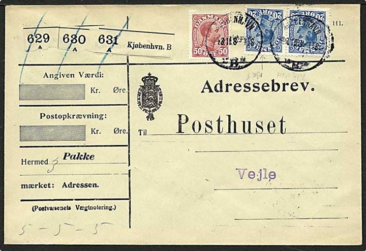 50 øre og 20 øre Chr. X i par, ene med variant: Fortykkelsen retucheret, på adresse brev for 3 pakker fra Kjøbenhavn B. d. 24.3.1916 til Vejle.