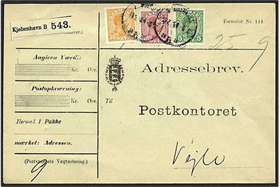 5 øre, 35 øre og 50 øre Chr. X på adressebrev for pakke fra Kjøbenhavn B. d. 19.7.1915 til Vejle.