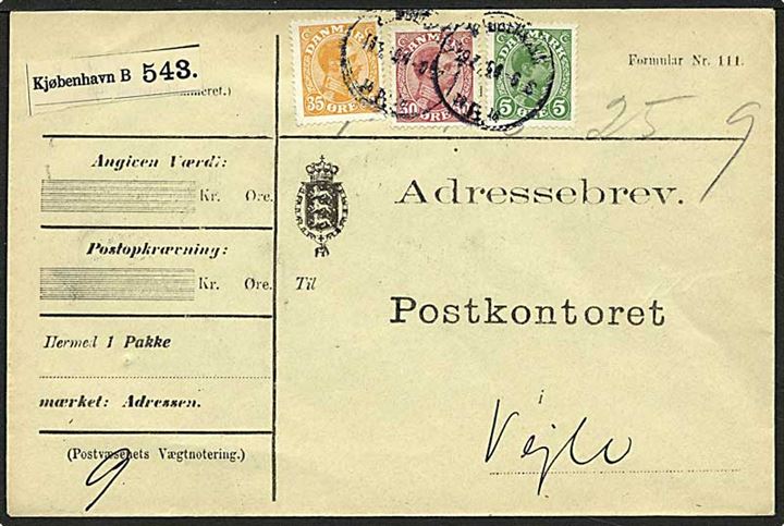 5 øre, 35 øre og 50 øre Chr. X på adressebrev for pakke fra Kjøbenhavn B. d. 19.7.1915 til Vejle.