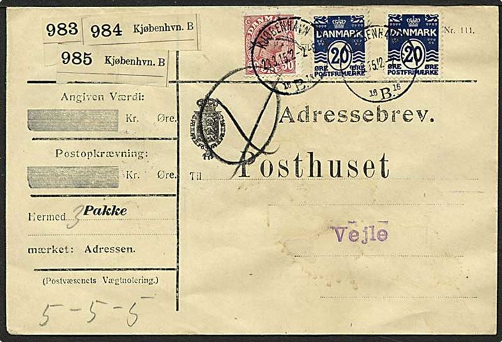 50 øre Chr. X og 20 øre (2) bølgelinie på adressebrev for 3 pakker fra Kjøbenhavn B d. 23.3.1915 til Vejle.