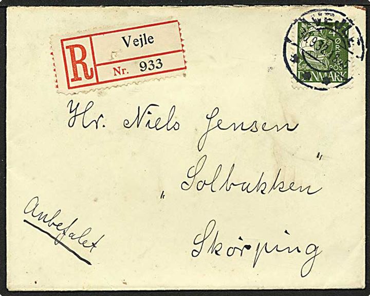 40 øre Karavel single på anbefalet brev fra Vejle d. 30.9.1932 til Skørping.