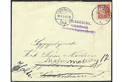 15 øre Karavel single på brev stemplet Horsens B. d. 9.8.1938 til København. Eftersendt til Holte med violet liniestempel: Kassebrev. Københavns Omkarteringspostkontor
