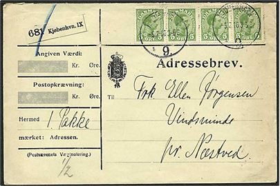 5 øre Chr. X i firestribe på adressebrev for pakke fra Kjøbenhavn 9 d. 5.7.1916 til Næstved.