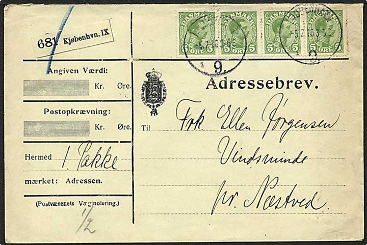 5 øre Chr. X i firestribe på adressebrev for pakke fra Kjøbenhavn 9 d. 5.7.1916 til Næstved.