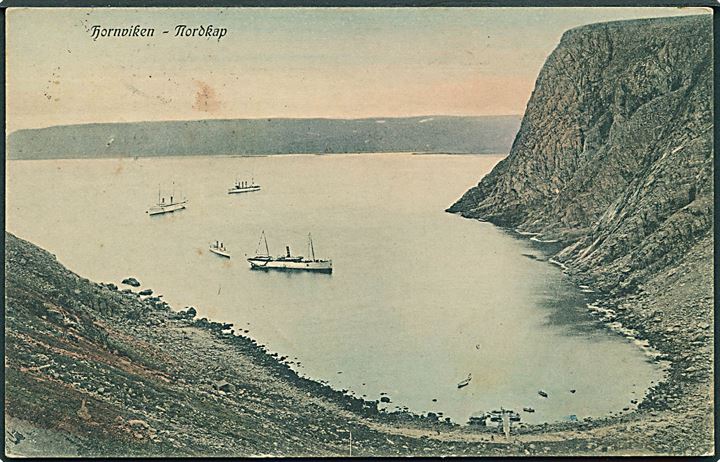 Hornviken Nordkap, Norge. G. H. no. 758. Frankeret med engelsk ½d George V stemplet Milford-Haven d. 1.8.1912 og sidestemplet: NORDKAP d. 8.7.1912.