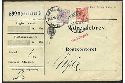 10 øre og 15 øre Chr. X på adressebrev for pakke fra Kjøbenhavn d. 23.2.1918 til Vejle.