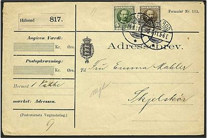5 øre og 25 øre Fr. VIII på adressebrev for pakke fra Hillerød d. 11.1.1911 til Skelskør. Påskrevet Mgl.
