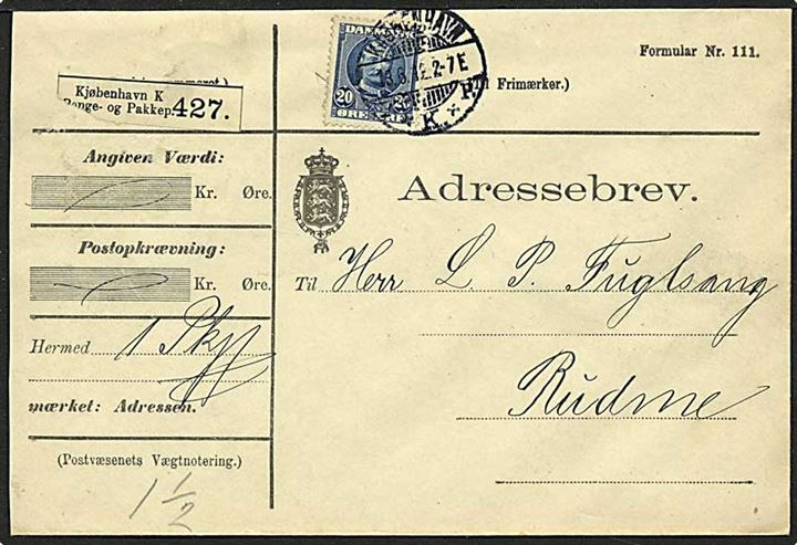 20 øre Fr. VIII på adressebrev for pakke fra Kjøbenhavn d. 13.6.1912 til Rudme