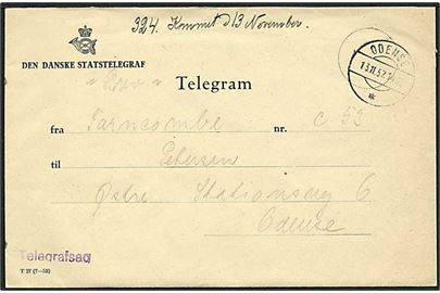 Ufrankeret telegram kuvert T 27 (7-52) med indhold stemplet Odense d. 13.11.1957. Violet liniestempel: Telegrafsag. På bagsiden stemplet Odense Telegrfkontor og brevmærkat.