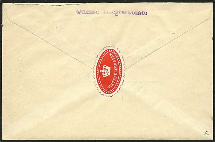 Ufrankeret telegram kuvert T 27 (7-52) med indhold stemplet Odense d. 13.11.1957. Violet liniestempel: Telegrafsag. På bagsiden stemplet Odense Telegrfkontor og brevmærkat.
