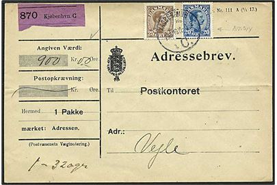 20 øre (variant: Retucheret fortykkelse af ring om højre 20) og 25 øre Chr. X på adressebrev for værdipakke fra Kjøbenhavn d. 20.6.1918 til Vejle.