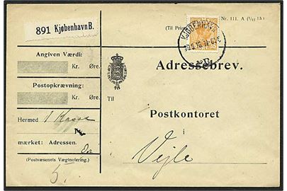 35 øre Chr. X på adressebrev for pakke fra Kjøbenhavn B. d. 19.6.1916 til Vejle.