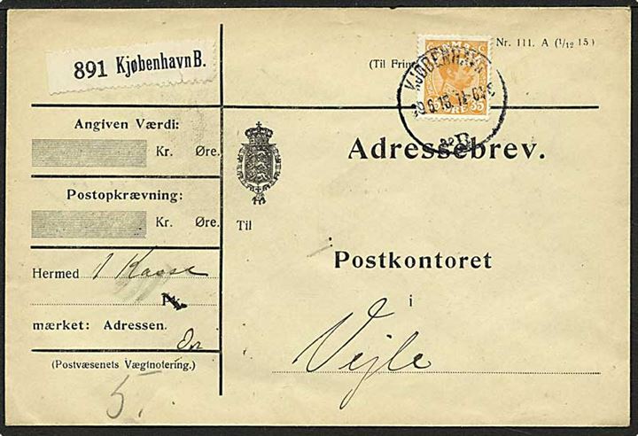 35 øre Chr. X på adressebrev for pakke fra Kjøbenhavn B. d. 19.6.1916 til Vejle.