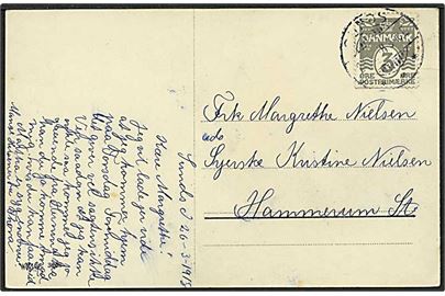 3 øre grå bølgelinie, MA sammenhængende, på lokalt sendt postkort fra Sunds d. 26.3.1918 til Hammerum.