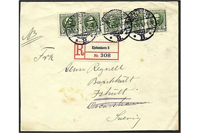 5 øre grøn Fr. VIII på Rec. brev fra København d. 1.11.1908 til Oscarshamn, Sverige.