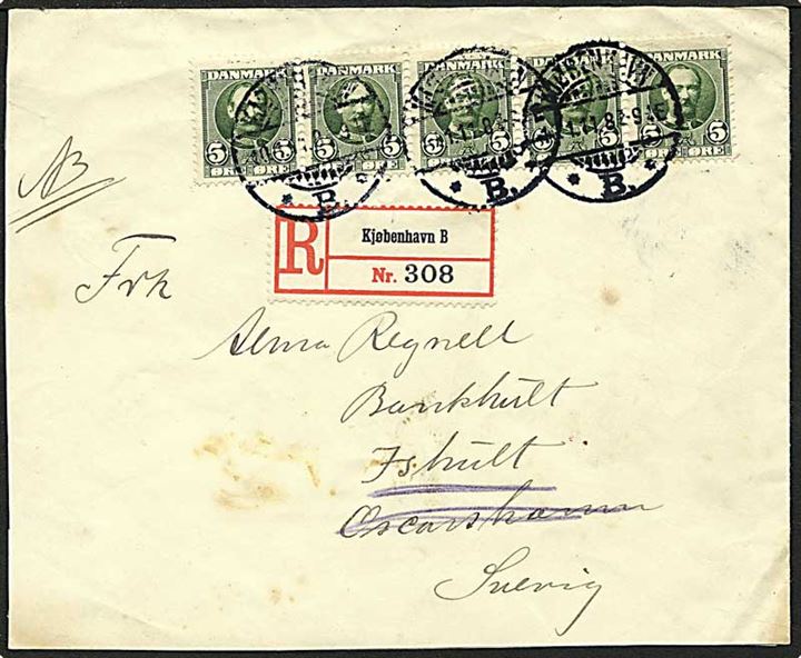 5 øre grøn Fr. VIII på Rec. brev fra København d. 1.11.1908 til Oscarshamn, Sverige.