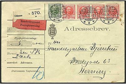 5 øre grøn og 10 øre rød Fr. VIII på adressebrev fra Odense d. 17.11.1908 til Herning.