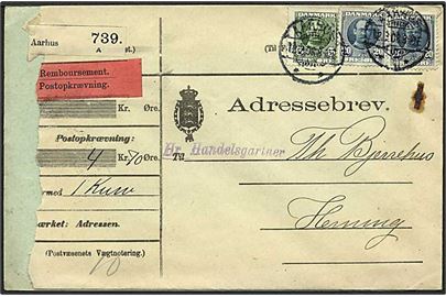 5 øre grøn og 20 øre blå Fr. VIII på adressebrev fra Aarhus d. 12.12.1908 til Herning.