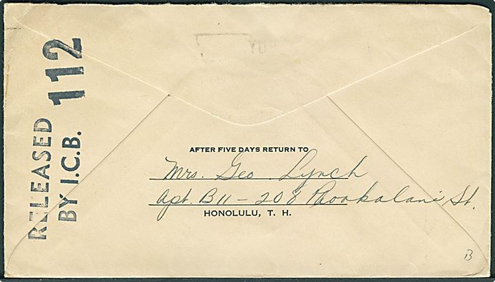 3 cents i parstykke på illustreret luftpostbrev fra Honolulu, Hawaii d. 7.1.1942 til Shelby, Ohio, USA. Påskrevet: Air Mail in States. Passér stemplet af den tidlige Hawaii censur: Released by I.C.B. 112.