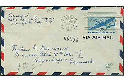 30 cents Transport på luftpostbrev fra New York d. 19.11.1941 til København, Danmark. Åbnet af tysk censur i Berlin.