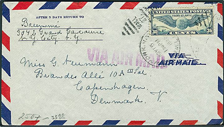 30 cents Winged Globe på luftpostbrev fra New York d. 15.11.1940 til København, Danmark. Åbnet af tysk censur i Frankfurt.