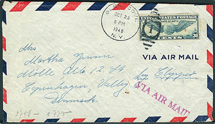 30 cents Winged Globe på luftpostbrev fra Glen Cove d. 23.10.1940 til København, Danmark. Åbnet af tysk censur i Frankfurt.