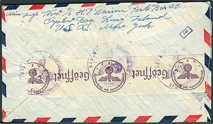 30 cents Winged Globe på luftpostbrev fra Glen Cove d. 23.10.1940 til København, Danmark. Åbnet af tysk censur i Frankfurt.