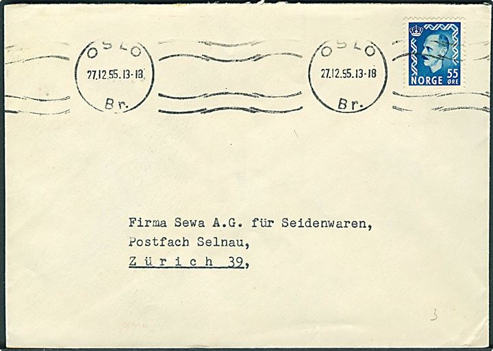55 øre Haakon single på brev fra Oslo d. 27.12.1955 til Zürich, Schweiz.