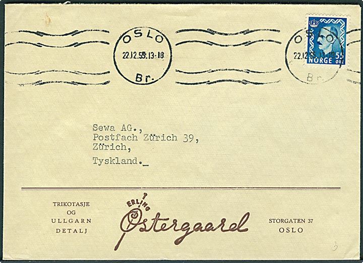 55 øre Haakon single på brev fra Oslo d. 22.12.1955 til Zürich, Schweiz.