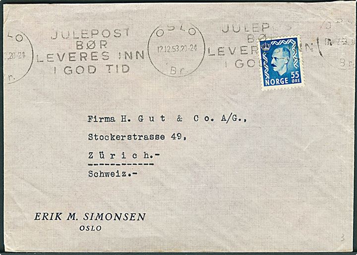 55 øre Haakon single på brev fra Oslo d. 12.12.1953 til Zürich, Schweiz.
