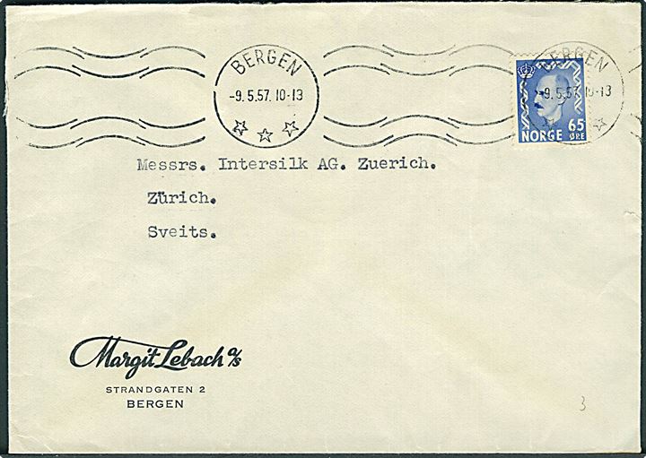 65 øre Haakon single på brev fra Bergen d. 9.5.1957 til Zürich, Schweiz.