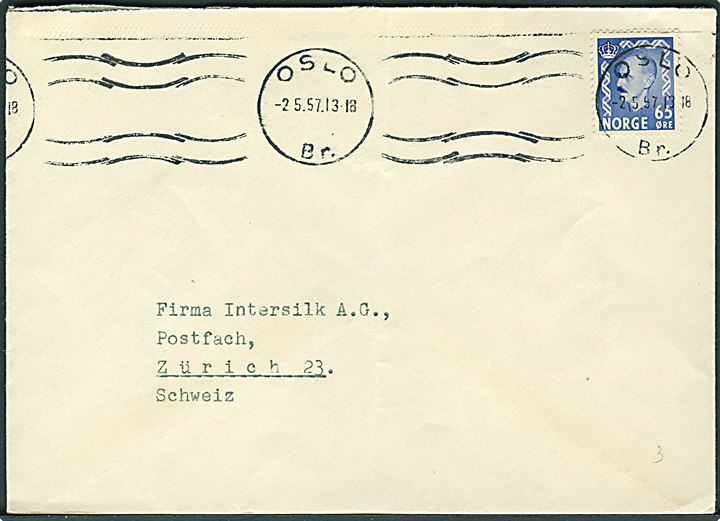 65 øre Haakon single på brev fra Oslo d. 2.5.1957 til Zürich, Schweiz.