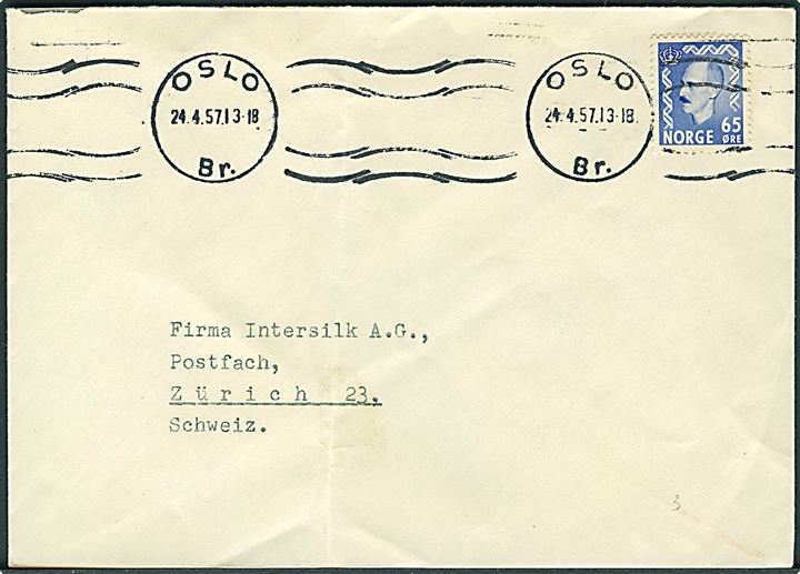 65 øre Haakon single på brev fra Oslo d. 24.4.1957 til Zürich, Schweiz.