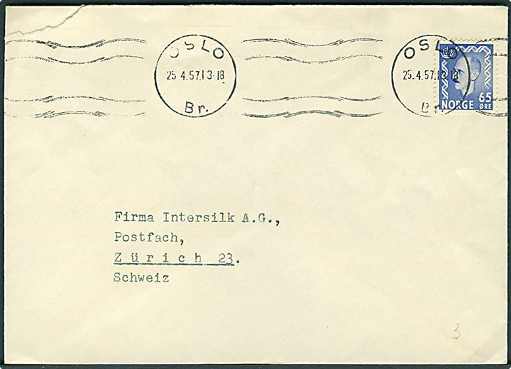 65 øre Haakon single på brev fra Oslo d. 25.4.1957 til Zürich, Schweiz.