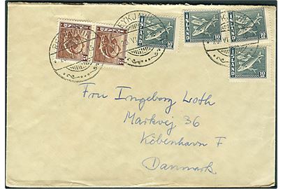 10 aur Sild (4) og 5 aur Torsk (2) på brev fra Reykjavik d. 20.6.1947 til København, Danmark.