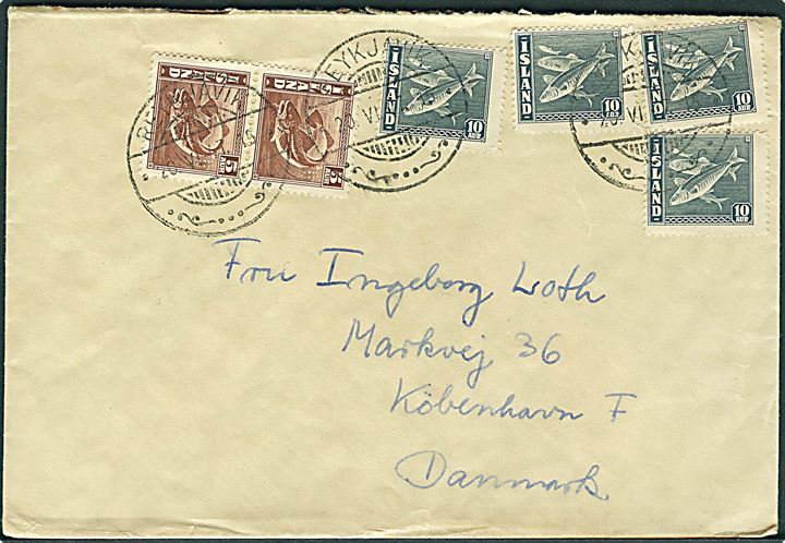10 aur Sild (4) og 5 aur Torsk (2) på brev fra Reykjavik d. 20.6.1947 til København, Danmark.