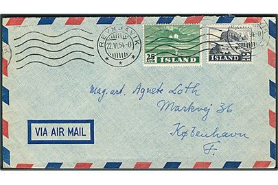 25 aur Hekla og 2 kr. Erhverv på luftpostbrev fra Reykjavik d. 22.6.1954 til København, Danmark.
