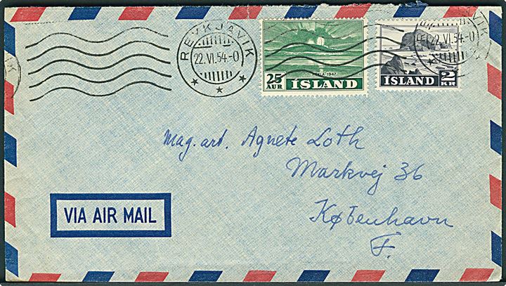 25 aur Hekla og 2 kr. Erhverv på luftpostbrev fra Reykjavik d. 22.6.1954 til København, Danmark.